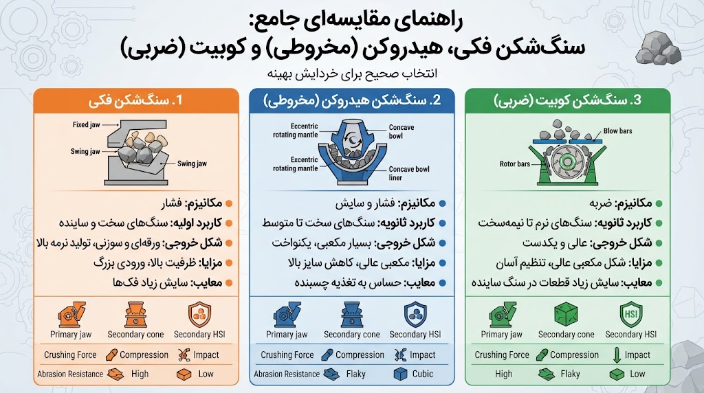 تفاوت سنگ شکن فکی، هیدروکن و کوبیت در خردایش چیست؟